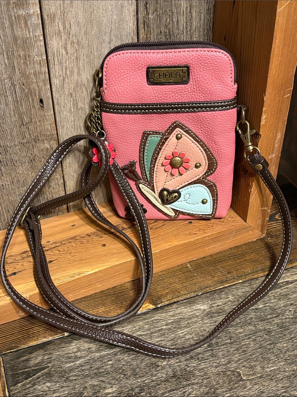 Chala Pink Crossbody with Multicolor Butterfly Appliqué